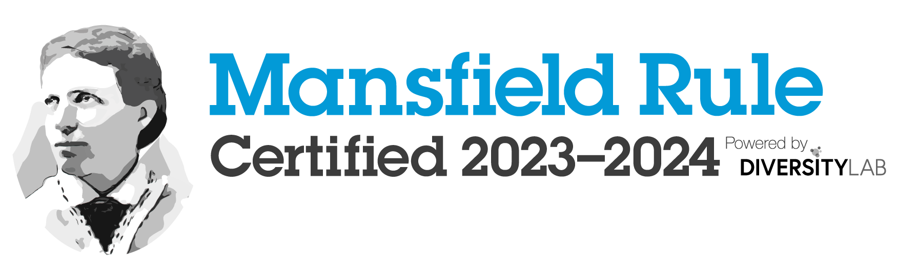 Blue Mansfield Rule Certified 2023-2024 Badge with drawing of Arabella Mansfield